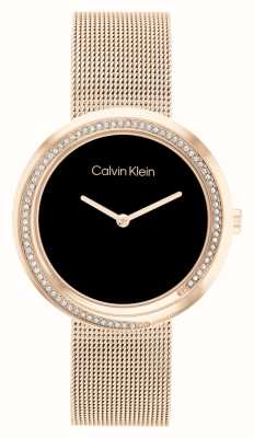 Calvin Klein Feminino | mostrador preto | pulseira de malha de aço inoxidável tom de ouro rosa 25200151