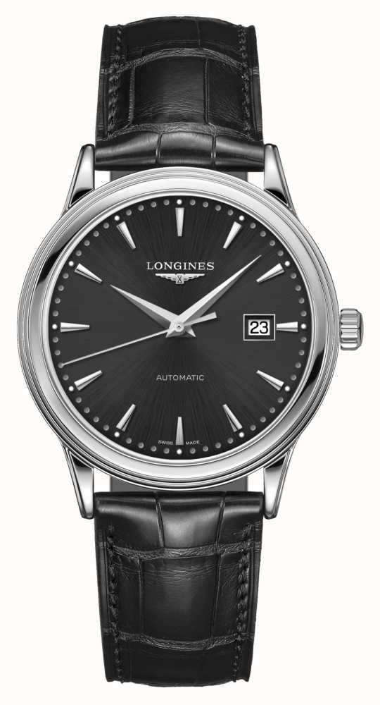 LONGINES Carro chefe Mostrador Preto Pulseira De Couro Preto