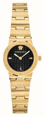 Versace Mini logotipo Greca | mostrador preto | pulseira de aço pvd de ouro VEZ100521