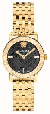 Versace Vidro Greca | mostrador preto | pulseira de aço pvd de ouro VEU300621