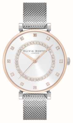 Olivia Burton Belgrave | mostrador prateado | conjunto de cristal | pulseira de malha de aço 24000004