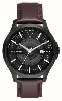 Armani Exchange Homens | mostrador preto | pulseira de couro marrom AX2446