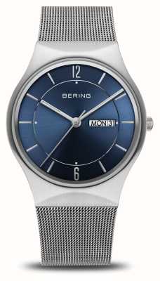 Bering Clássico da data do dia | mostrador azul | pulseira de malha de aço inoxidável 11938-003DD