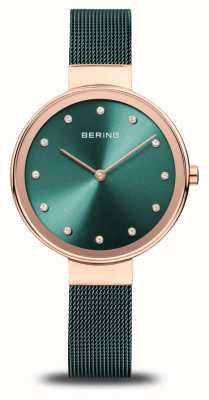 Bering Clássico | mostrador verde | pulseira de malha de aço pvd verde 12034-868