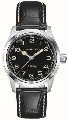 Hamilton Campo cáqui murph automático (38 mm) mostrador preto / pulseira de couro preta ex-display H70405730 EX-DISPLAY