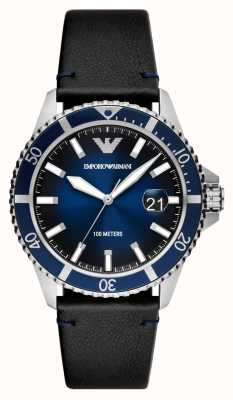 Emporio Armani Homens | mostrador azul | pulseira de couro preto AR11516