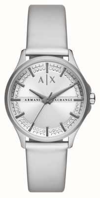 Armani Exchange Feminino | mostrador prateado | conjunto de cristal | pulseira de couro pu prata AX5270