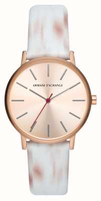 Armani Exchange Feminino | discagem em ouro rosa | pulseira de couro branca e rosa AX5588