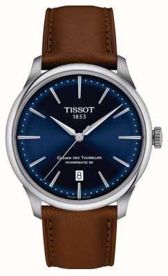 Tissot Chemin des tourelles | powermatic 80 | mostrador azul | pulseira de couro marrom T1398071604100