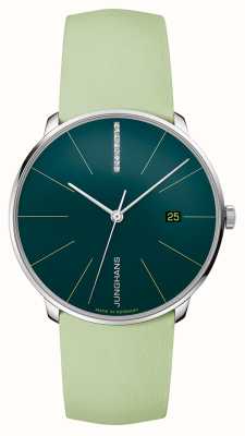 Junghans Meister Fein automático | conjunto de diamantes | mostrador verde musgo | pulseira de couro verde 27/4357.00