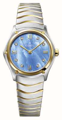 EBEL Senhora clássica desportiva - 8 diamantes (29 mm) mostrador azul tranquilo / ouro 18k e aço inoxidável 1216596