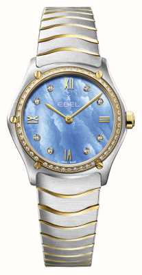 EBEL Senhora clássica desportiva - 55 diamantes (29 mm) mostrador azul tranquilo / ouro 18k e aço inoxidável 1216598
