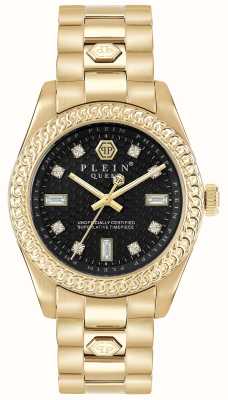 Philipp Plein $treet couture queen (36 mm) mostrador preto / pulseira de aço inoxidável pvd dourado PWDAA0621
