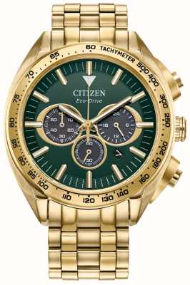Citizen Cronógrafo masculino | condução ecológica | mostrador verde | bracelete de aço inoxidável dourado CA4542-59X