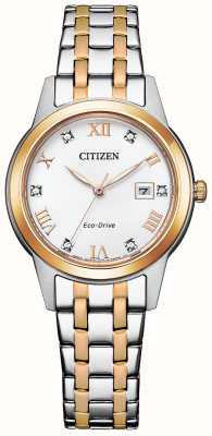 Citizen Cristal silhueta das mulheres | mostrador branco | pulseira de aço inoxidável de dois tons FE1246-85A