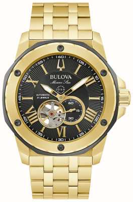Bulova Estrela marinha masculina com mostrador preto automático / pulseira de aço inoxidável dourado 98A273