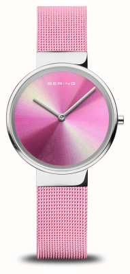 Bering Clássico mostrador rosa aurora feminino / pulseira de malha de aço inoxidável rosa 19031-999
