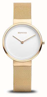 Bering Mostrador branco clássico feminino / pulseira de malha de aço inoxidável dourada 14531-334