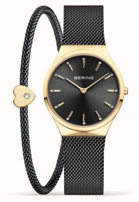 Bering Conjunto clássico de relógio e pulseira em ouro preto e polido para mulher 12131-132-GWP
