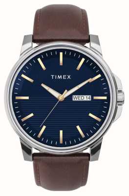 Timex Vestido masculino mostrador azul pulseira de couro marrom TW2V79200