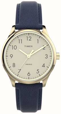 Timex Relógio feminino moderno de fácil leitura com mostrador creme / pulseira de couro marinho TW2V36200