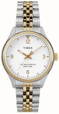 Timex Mostrador branco waterbury feminino / pulseira de aço inoxidável de dois tons TW2R69500