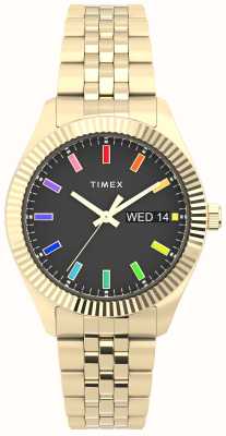 Timex Bracelete de aço inoxidável dourado com mostrador preto arco-íris legado feminino TW2V61800