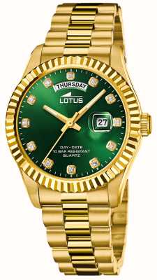 Lotus Liberdade masculina (41,5 mm) mostrador verde / pulseira de aço inoxidável dourado L18857/6