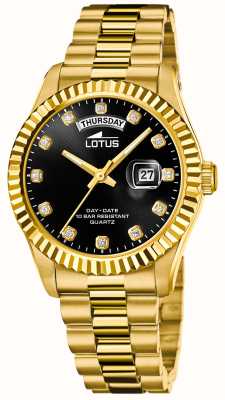 Lotus Liberdade masculina (41,5 mm) mostrador preto / pulseira de aço inoxidável dourado L18857/7