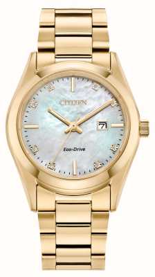 Citizen Relógio feminino eco-drive (33 mm) em madrepérola cravejado de diamantes / pulseira em aço inoxidável dourado EW2702-59D