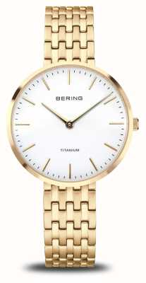 Bering Titânio (34mm) mostrador branco / pulseira de ouro titânio 19334-334