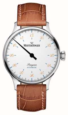 MeisterSinger Pangea automático (40mm) mostrador branco / pulseira de couro marrom PM9901G