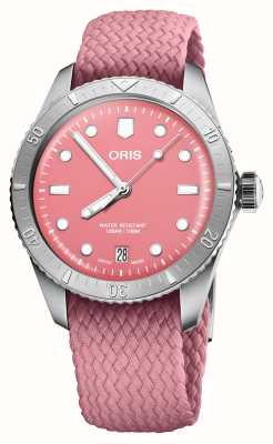 ORIS Divers sessenta e cinco algodão doce automático (38 mm) mostrador rosa / pulseira em tecido reciclado 01 733 7771 4058-07 3 19 04S