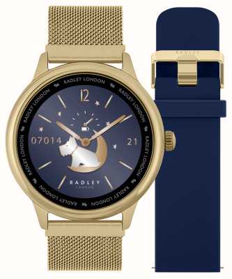Radley Conjunto de relógio inteligente série 19 (42 mm) com malha dourada intercambiável e pulseira de silicone azul RYS19-4014-SET