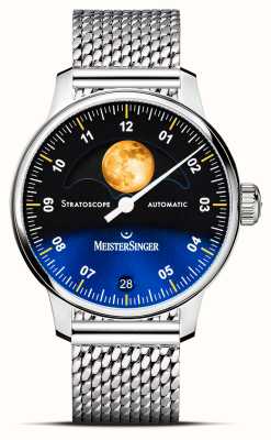 MeisterSinger Stratoscópio (43 mm) mostrador azul / pulseira de malha de aço inoxidável ST982G - MIL20