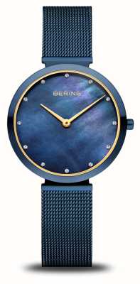 Bering Mostrador clássico feminino (32 mm) em madrepérola azul/pulseira de malha de aço inoxidável azul 18132-399