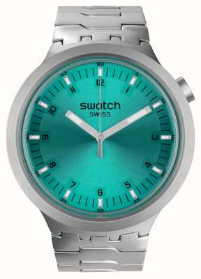 Swatch Grande e ousado ironia aqua shimmer (47 mm) mostrador turquesa / pulseira em aço inoxidável SB07S100G