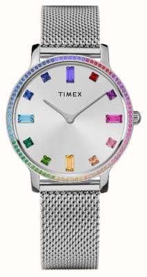 Timex Cristais arco-íris com mostrador prateado feminino (34 mm) / pulseira de malha de aço inoxidável TW2W19100