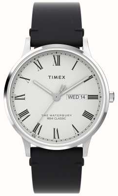 Timex Mostrador branco clássico Waterbury (40 mm) masculino / pulseira de couro preta TW2W15000