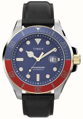 Timex Harborside Coast automático (43 mm) mostrador azul / pulseira de couro preta TW2V72200