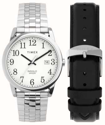 Timex Conjunto de caixa de leitura fácil masculina (38 mm) mostrador branco / aço inoxidável e conjunto de pulseira de couro preto TWG063200