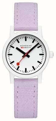 Mondaine Essence (32 mm) mostrador branco / pulseira em tecido de algodão roxo MS1.32110.LQ1
