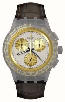 Swatch Mostrador cinza dourado radiante (42 mm) / pulseira de couro marrom SUSM100