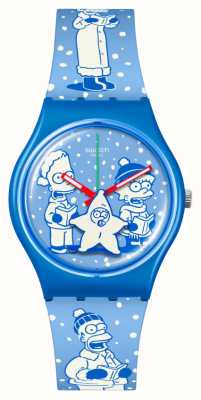 Swatch X os simpsons notícias de alegria (34 mm) mostrador impresso em azul / pulseira de silicone impressa em azul SO28Z126