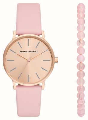 Armani Exchange Conjunto de presente feminino (36 mm) mostrador em ouro rosa/pulseira de couro rosa com pulseira combinando AX7150SET