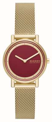 Skagen Signatur lille feminino (30mm) mostrador vermelho/pulseira de malha de aço dourado SKW3117