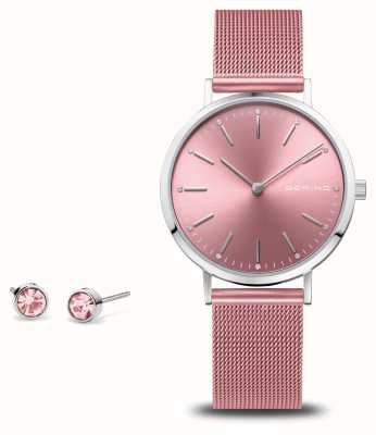 Bering Conjunto de presente de caridade feminino (34 mm) mostrador rosa/pulseira de malha de aço rosa 14134-999-GWP