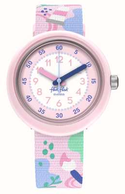 Flik Flak Amante da arte infantil (31,85 mm) mostrador branco e rosa / pulseira de tecido com padrão artístico rosa FPNP142