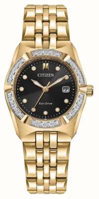 Citizen Corso eco-drive feminino (28 mm) mostrador preto / pulseira em aço inoxidável dourado EW2712-55E