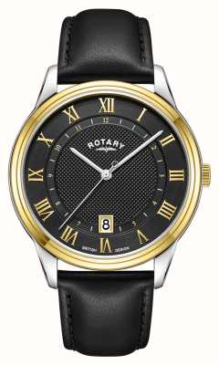 Rotary Vestido data quartzo (40,5 mm) mostrador preto carvão / pulseira de couro preta GS05391/10